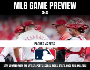 MLB game preview showing Cincinnati Reds players and coach discussing on field, promoting Padres vs Reds matchup.