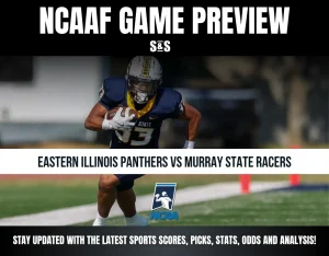 College football preview for Eastern Illinois Panthers vs Murray State Racers with action photo of a player running with the ball.