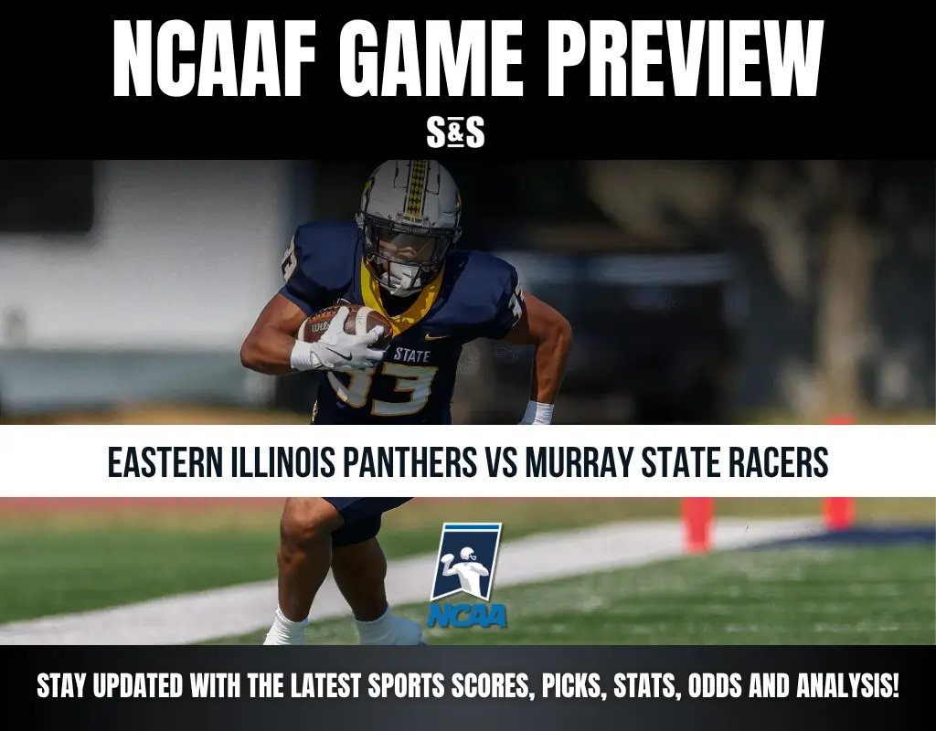 College football preview for Eastern Illinois Panthers vs Murray State Racers with action photo of a player running with the ball.