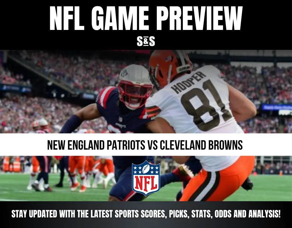 NFL game preview graphic showing New England Patriots player tackling Cleveland Browns player with text and NFL logo.