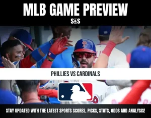 MLB game preview for Phillies vs Cardinals featuring players celebrating and the MLB logo, with updates on scores, picks, stats, and analysis.