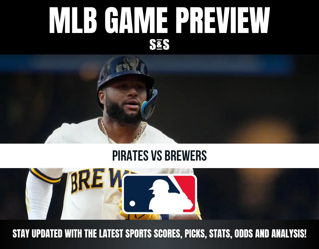 MLB game preview featuring Pirates vs Brewers, with a call to stay updated on scores, picks, stats, odds, and analysis.