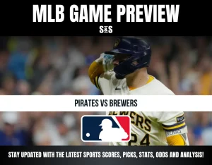 MLB game preview for Pirates vs Brewers with a Milwaukee Brewers player in uniform and MLB logo in the center.