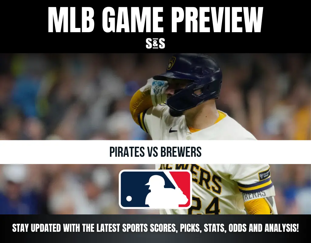 MLB game preview for Pirates vs Brewers with a Milwaukee Brewers player in uniform and MLB logo in the center.