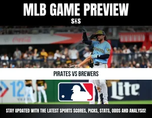 MLB game preview graphic for Pirates vs Brewers with a player in a Brewers uniform on the field and MLB logo.
