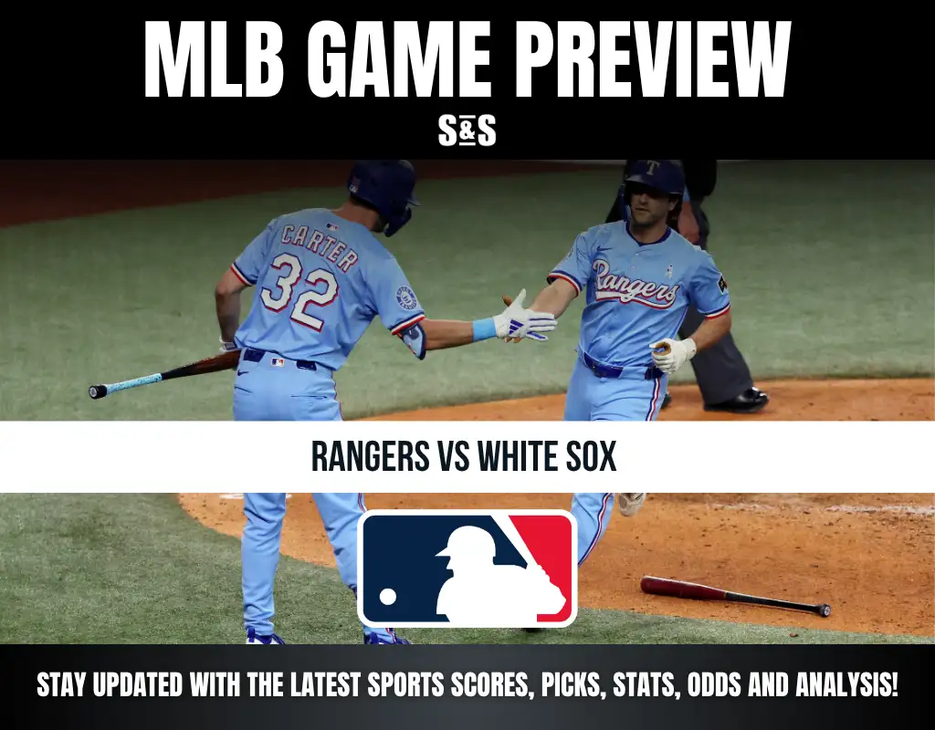 Two Texas Rangers players in light blue uniforms high-five near home plate during MLB game preview of Rangers vs White Sox.