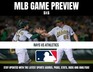 MLB game preview featuring Rays vs Athletics, with players celebrating and MLB logo at the center.