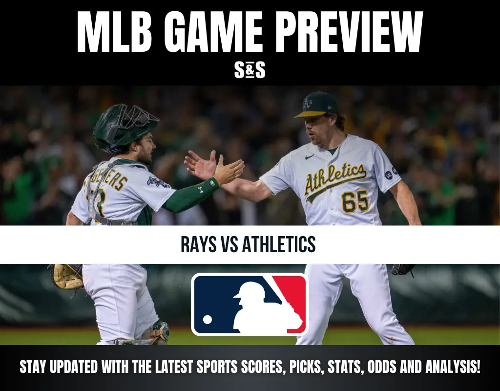 MLB game preview featuring Rays vs Athletics, with players celebrating and MLB logo at the center.
