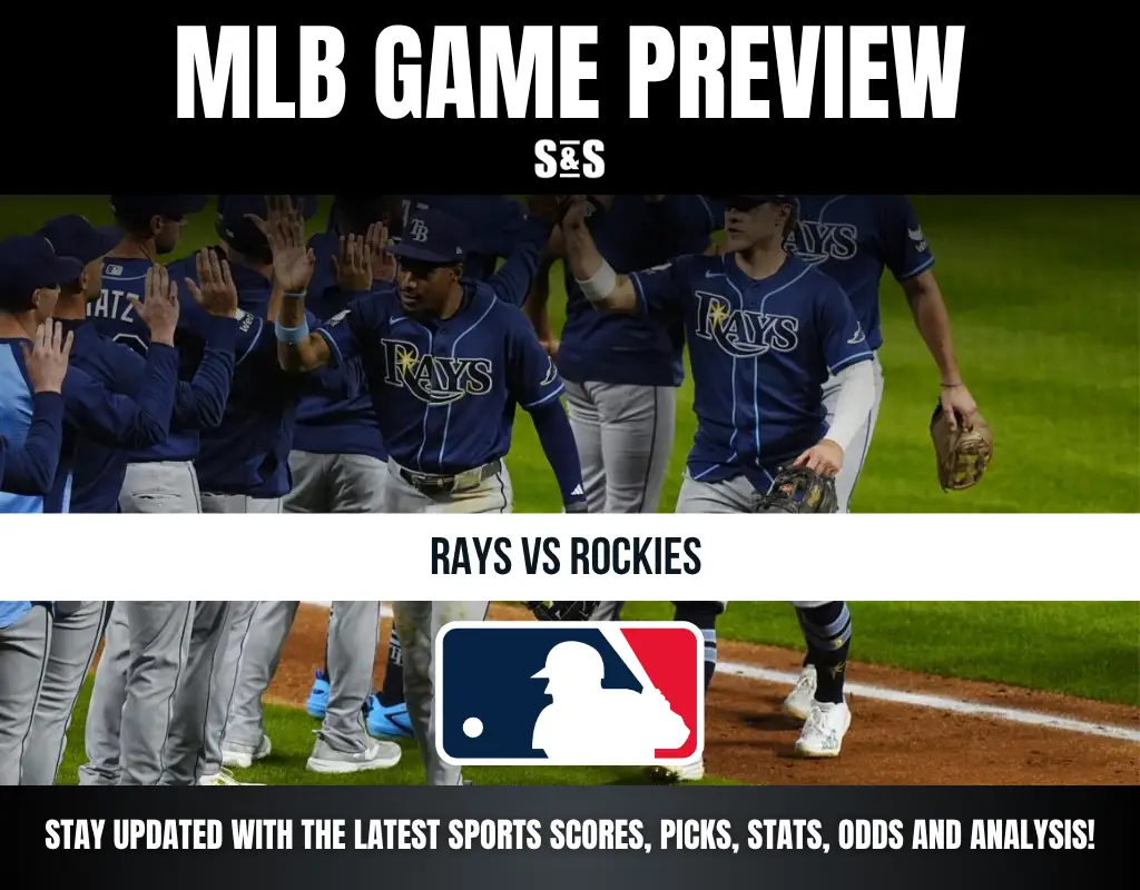 MLB game preview for Rays vs Rockies, featuring players celebrating on the field, with scores and analysis updates.