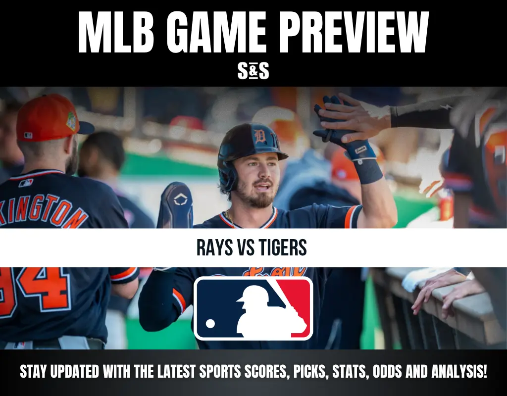 MLB game preview for Rays vs Tigers with players celebrating in the dugout and MLB logo, featuring sports updates and analysis.