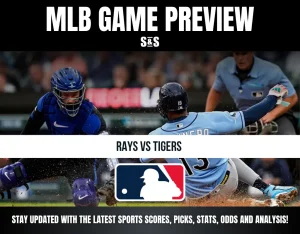 Baseball game preview graphic for Rays vs Tigers featuring action shot of a player sliding and catcher in blue gear.