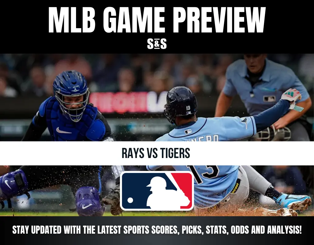 Baseball game preview graphic for Rays vs Tigers featuring action shot of a player sliding and catcher in blue gear.