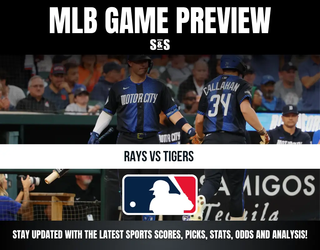 MLB game preview for Rays vs Tigers featuring Detroit players in Motor City uniforms with game updates, scores, picks, stats, and analysis.