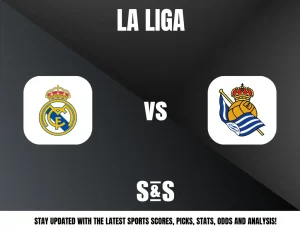La Liga match announcement featuring Real Madrid vs Real Sociedad logos with a note to stay updated on scores, picks, stats, odds, and analysis.
