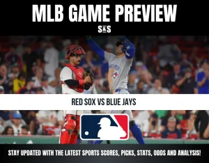 MLB game preview featuring Red Sox vs Blue Jays with players celebrating and catching in a packed stadium.