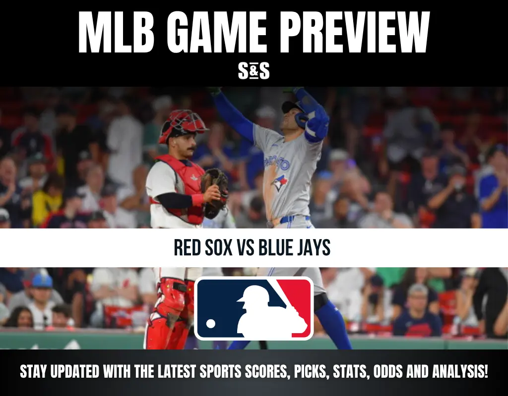 MLB game preview featuring Red Sox vs Blue Jays with players celebrating and catching in a packed stadium.
