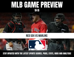 MLB game preview featuring a Red Sox player shouting, catcher, and umpire in rainy conditions, highlighting Red Sox vs Marlins matchup.