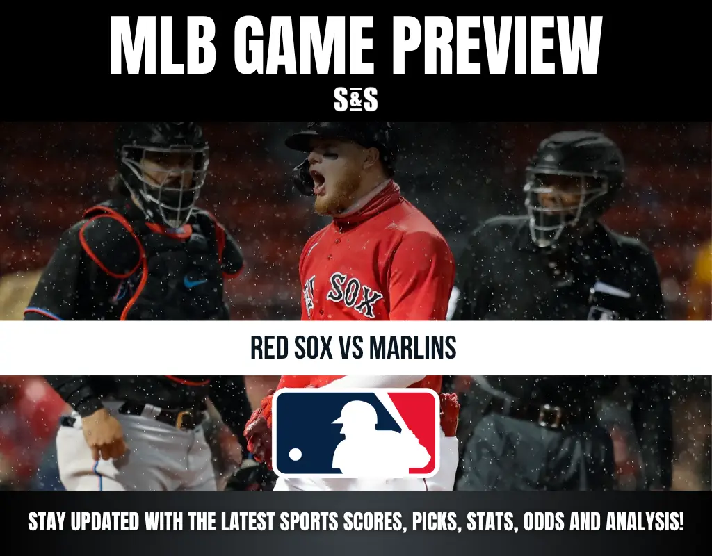MLB game preview featuring a Red Sox player shouting, catcher, and umpire in rainy conditions, highlighting Red Sox vs Marlins matchup.