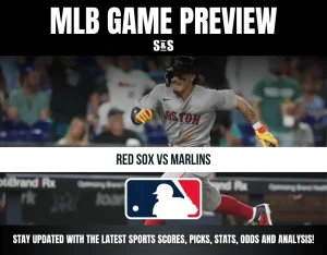 Baseball game preview for Red Sox vs Marlins with an image of a Boston player running during the game.
