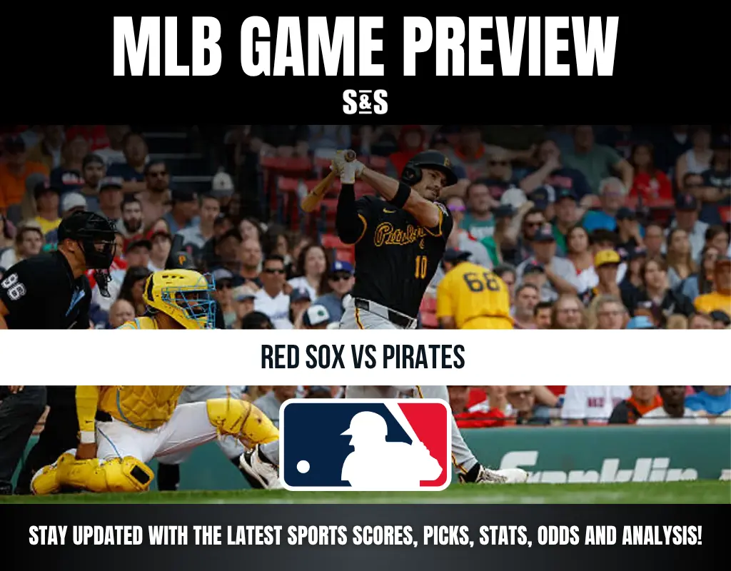 Baseball game preview for Red Sox vs Pirates with a batter, catcher, umpire, and crowd in the background.