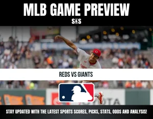 Image showing MLB game preview for Reds vs Giants with a pitcher mid-throw and MLB logo, promoting updated sports scores and analysis.