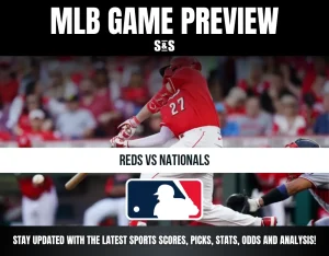 MLB game preview image featuring Reds vs Nationals with a batter in red swinging and MLB logo below, promoting latest sports updates.