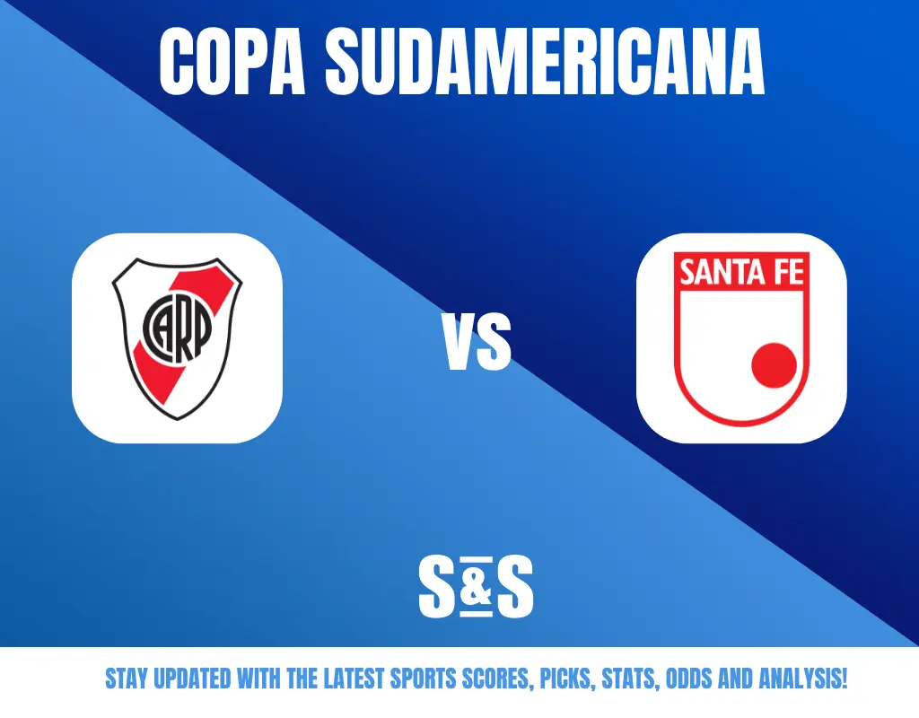 Logos of River Plate and Santa Fe football teams with "Copa Sudamericana" title on a blue background, separated by "vs".