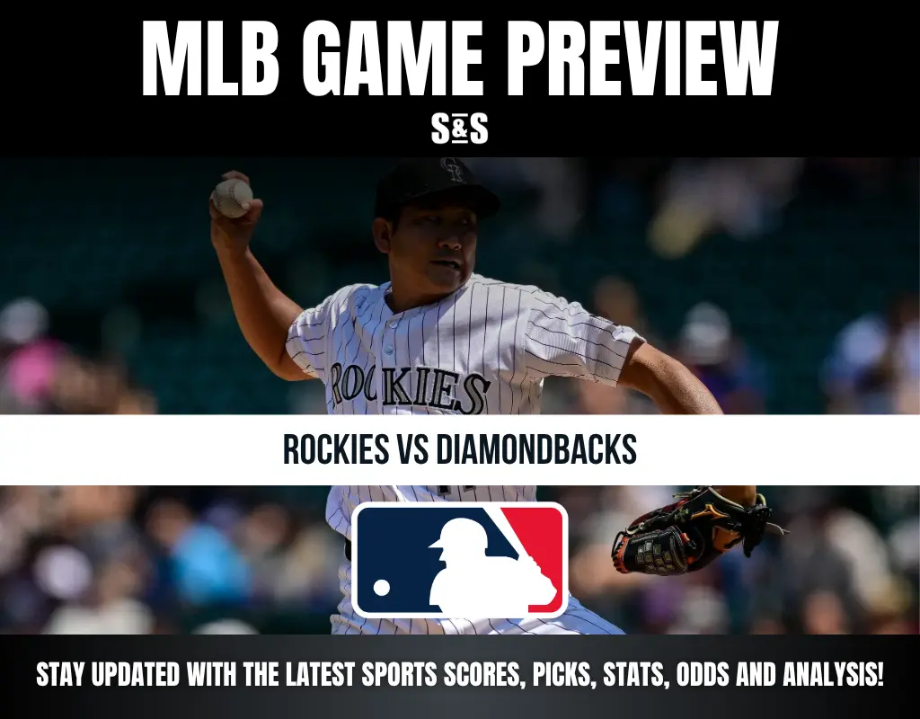 MLB GAME PREVIEW with a graphic showing Rockies vs Diamondbacks, featuring an image of a pitcher and MLB logo.