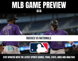 MLB Game Preview featuring Rockies vs Nationals, with players in purple jerseys.