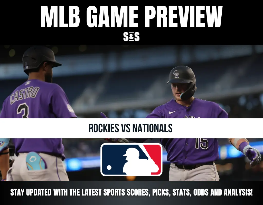MLB Game Preview featuring Rockies vs Nationals, with players in purple jerseys.