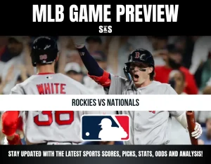 Two MLB players in Boston Red Sox uniforms celebrate during a Rockies vs Nationals game preview graphic.