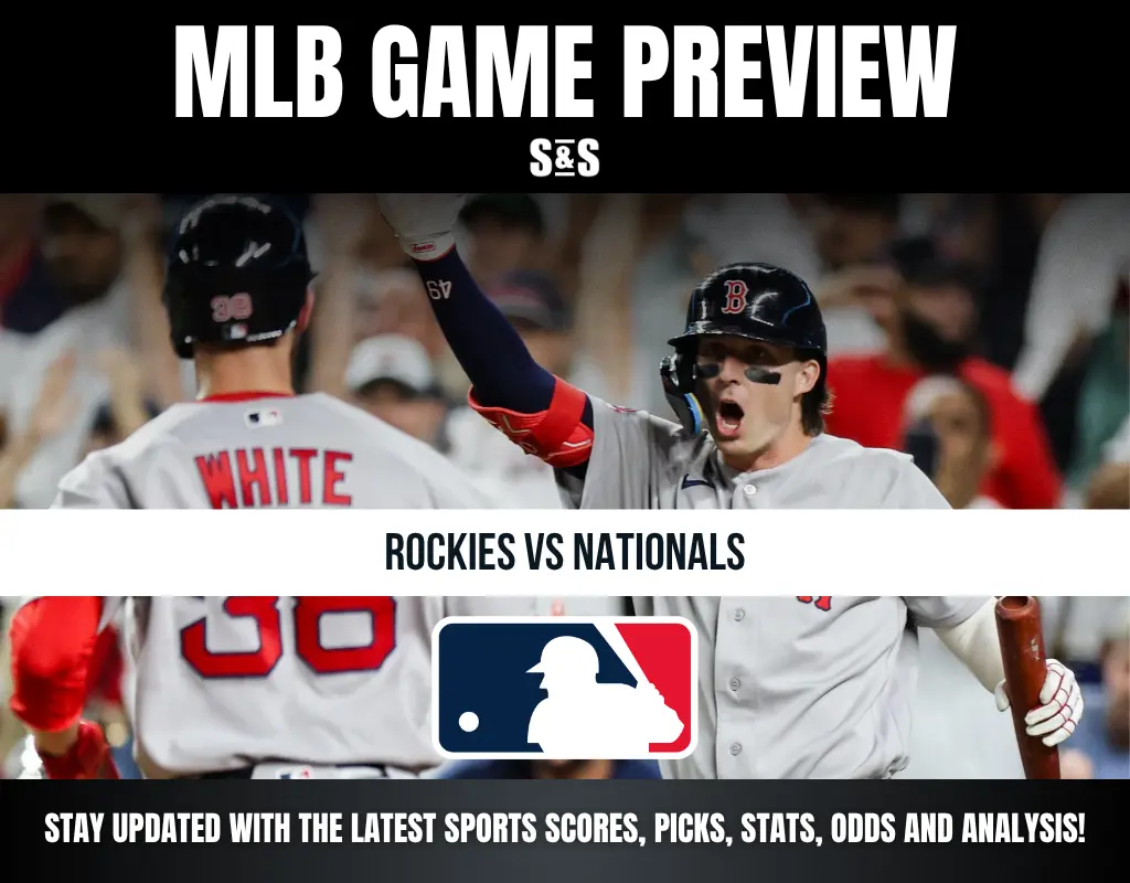 Two MLB players in Boston Red Sox uniforms celebrate during a Rockies vs Nationals game preview graphic.