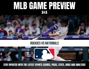 Baseball player swinging bat during Rockies vs Nationals MLB game preview with logos and fan crowd background.