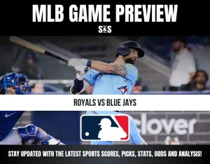 Major League Baseball game preview image featuring Royals vs Blue Jays with a batter swinging and MLB logo.