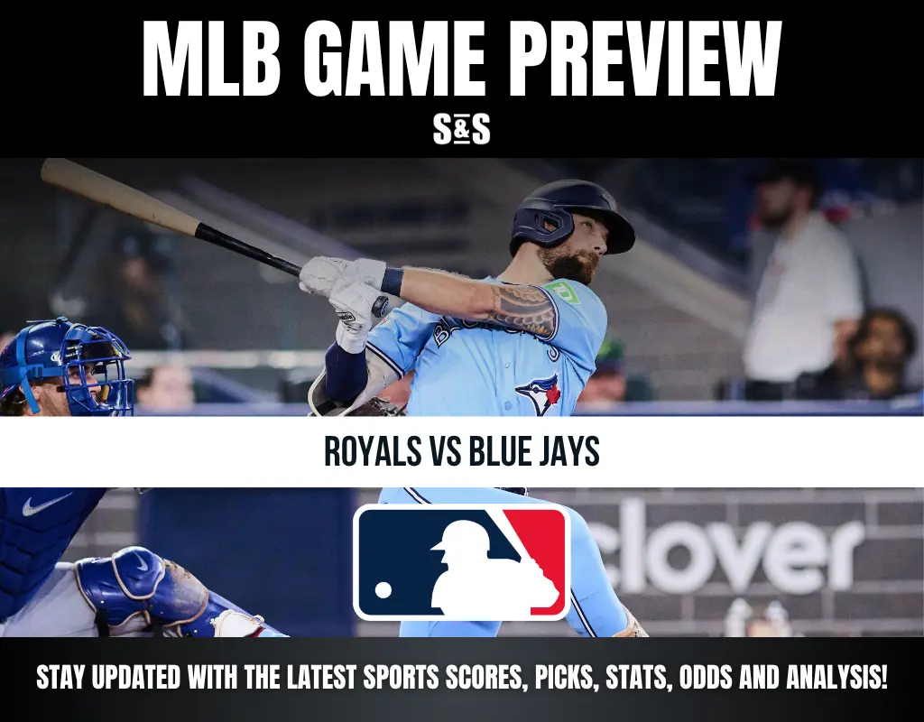 Major League Baseball game preview image featuring Royals vs Blue Jays with a batter swinging and MLB logo.