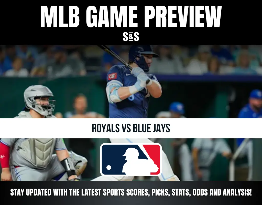 MLB game preview for Royals vs Blue Jays with a batter at the plate and catcher ready behind home plate.