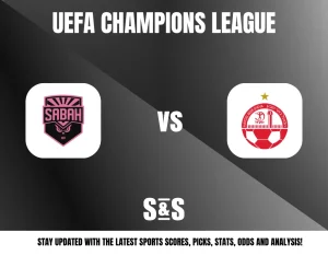 UEFA Champions League match graphic featuring logos of Sabah and a second team, with a note to stay updated on sports scores, picks, stats, odds, and analysis.