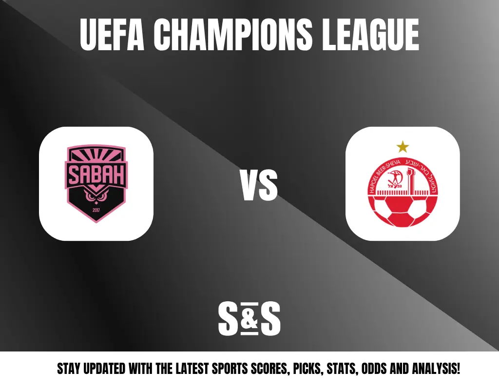 UEFA Champions League match graphic featuring logos of Sabah and a second team, with a note to stay updated on sports scores, picks, stats, odds, and analysis.
