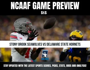 Two college football players from Ohio State and Michigan with a football in mid-air between them; overlay text previewing Stony Brook vs Delaware State game.