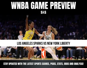 WNBA game preview featuring Los Angeles Sparks player defending against New York Liberty player dribbling basketball on court.