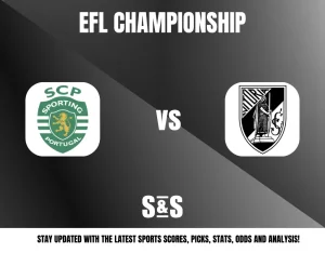 EFL Championship match graphic featuring Sporting Portugal logo versus Vitória black and white emblem on a dark split background.