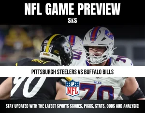NFL game preview featuring a Pittsburgh Steelers player facing a Buffalo Bills player during a game.