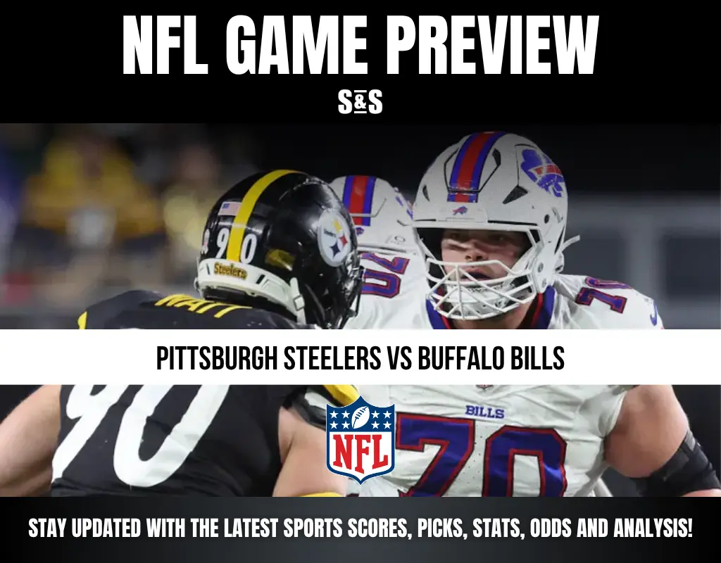 NFL game preview featuring a Pittsburgh Steelers player facing a Buffalo Bills player during a game.