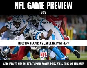 NFL game preview featuring Houston Texans vs Carolina Panthers with players tackling during a football game, NFL logo and game info text.
