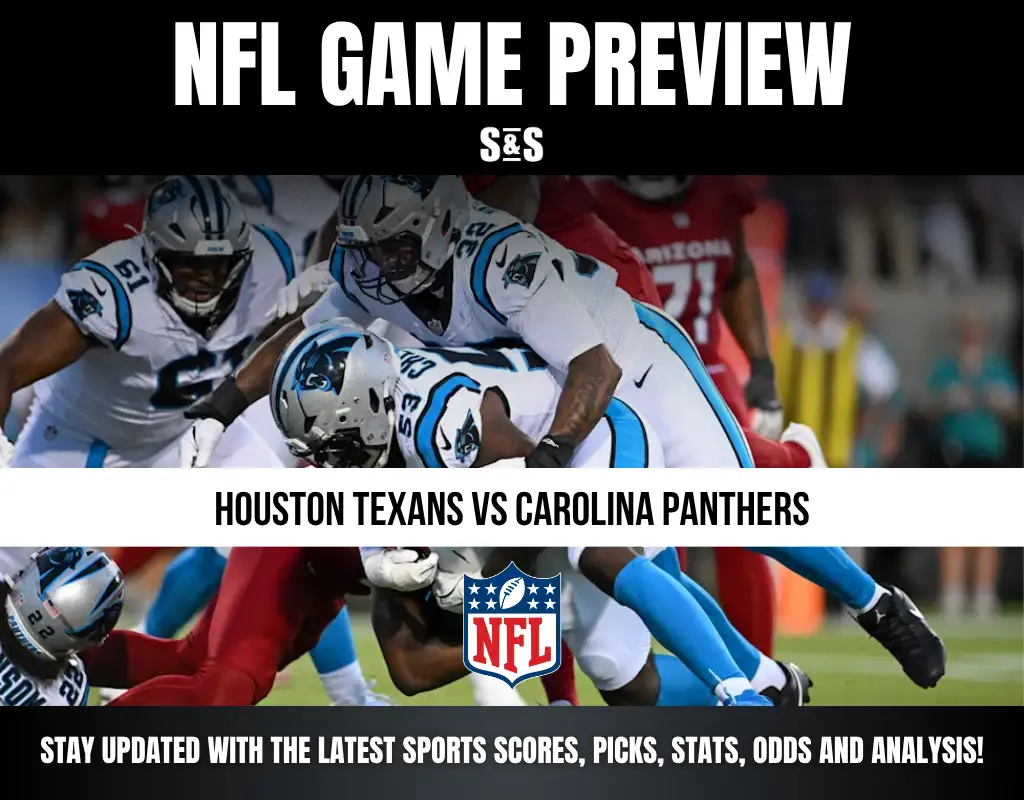 NFL game preview featuring Houston Texans vs Carolina Panthers with players tackling during a football game, NFL logo and game info text.