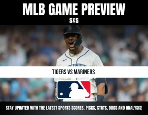 Alt text: MLB game preview for Tigers vs Mariners featuring an excited Mariners player in uniform and MLB logo.