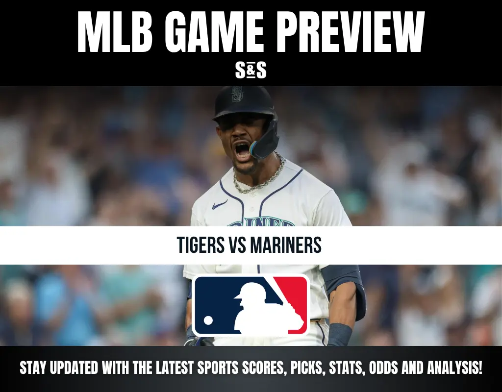 Alt text: MLB game preview for Tigers vs Mariners featuring an excited Mariners player in uniform and MLB logo.