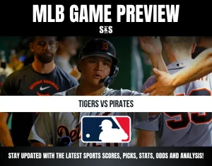 Preview of MLB game between Detroit Tigers and Pittsburgh Pirates with players celebrating and MLB logo.