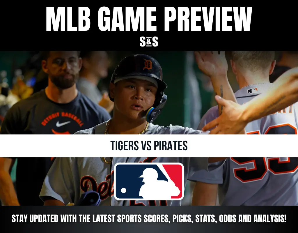Preview of MLB game between Detroit Tigers and Pittsburgh Pirates with players celebrating and MLB logo.