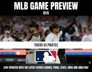 Baseball game preview for Tigers vs. Pirates, featuring players in action and the MLB logo.